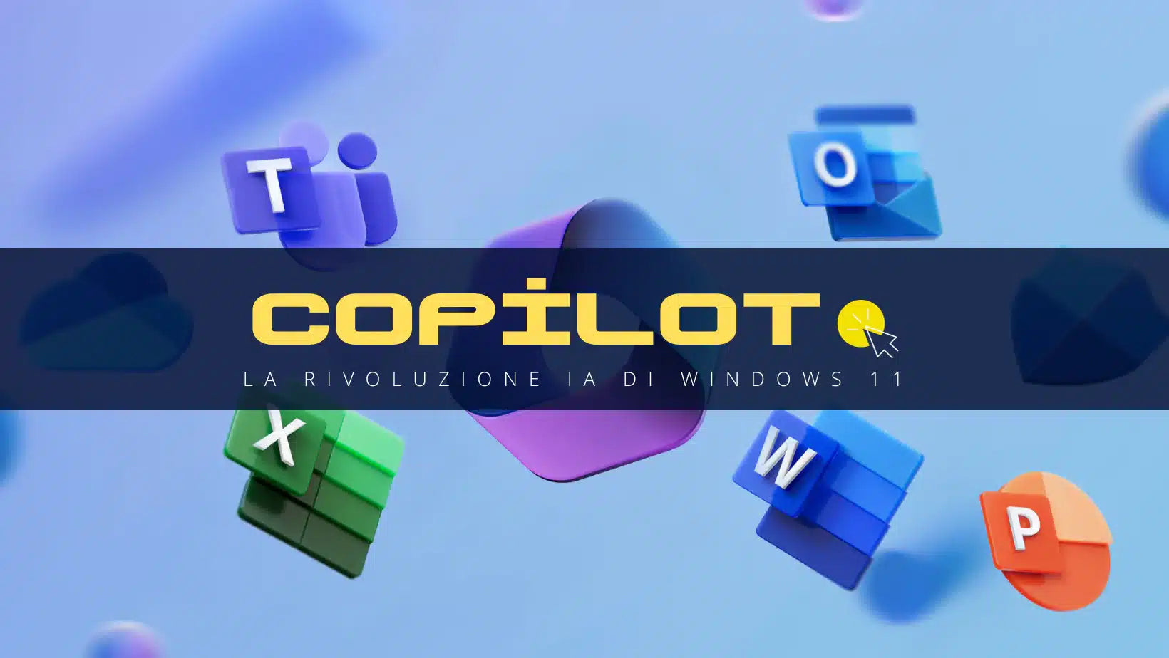 **Alt text (in Italian):**
Copilot: la rivoluzione IA di Windows 11 con app Office 3D sullo sfondo.
