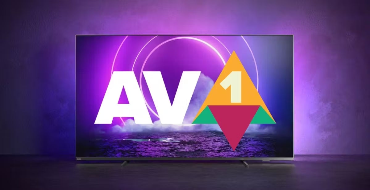 TV con schermo LED che mostra il logo codec AV1 su sfondo viola, tecnologia video Messoanuovo.it