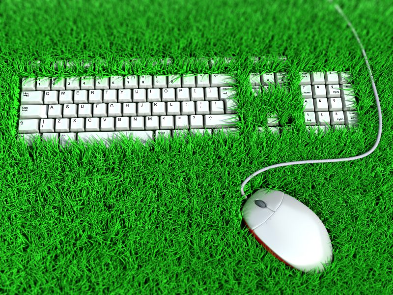 Alt text (in Italian):Tastiera e mouse su prato verde, simbolo di tecnologia ecologica