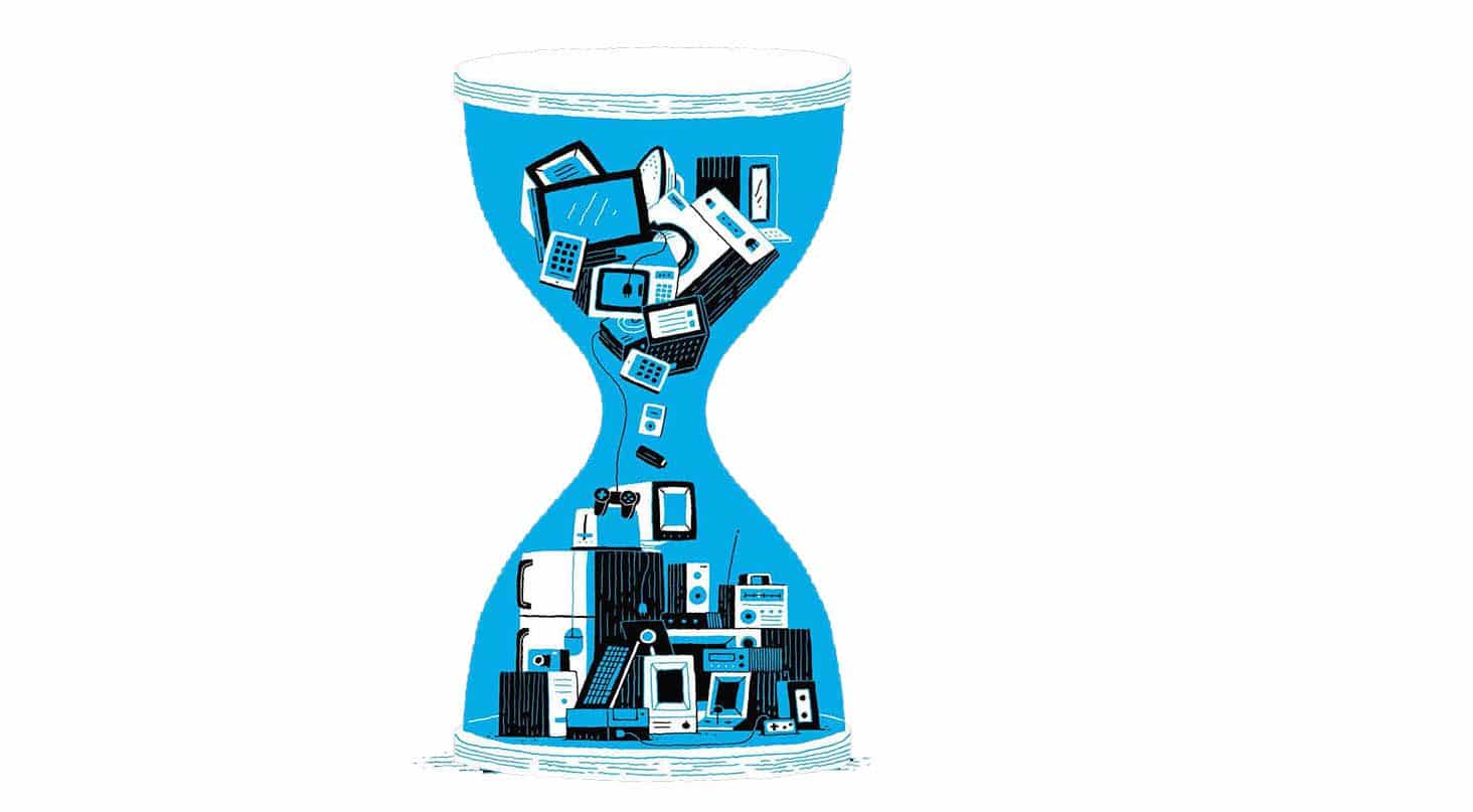 **Alt text (in Italian):**
Illustrazione sull'obsolescenza programmata con elettrodomestici in clessidra.