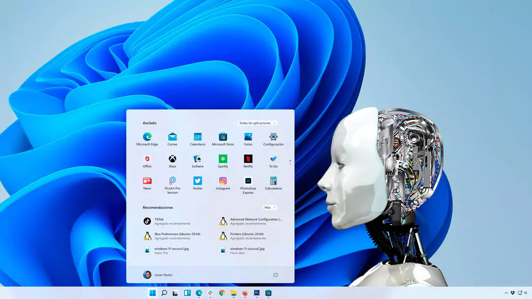 **Alt text (in Italian):**  
Interfaccia Windows 11 2023 con IA e robot, simbolo di rivoluzione tecnologica.