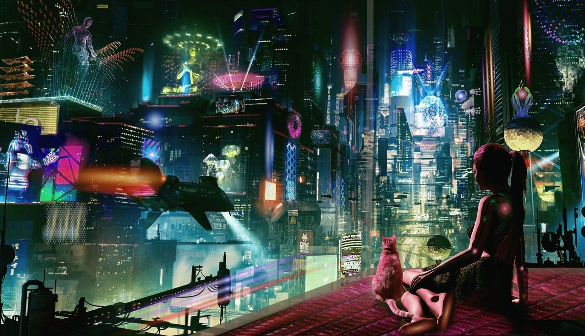 **Alt text (in Italian):**  
Donna e gatto osservano città futuristica nel metaverso digitale luminoso.