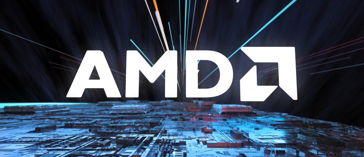 Testo alternativo (alt text) in italiano:Logo AMD su sfondo tecnologico futuristico di semiconduttori e CPU