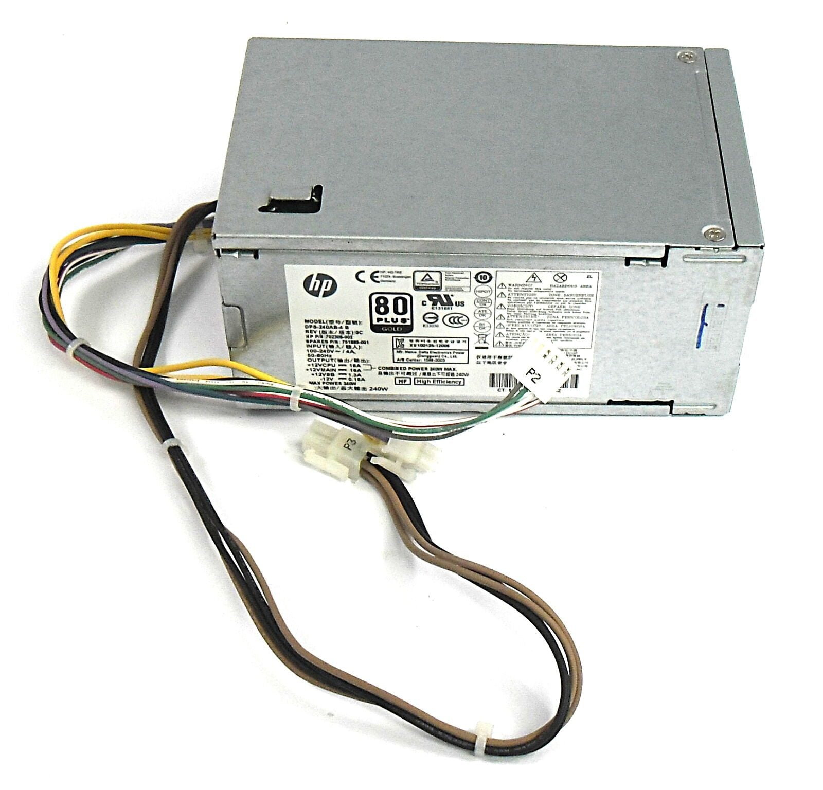 Alimentatore HP ricondizionato per PC desktop con etichetta 80 Plus, cavi e connettori visibili.