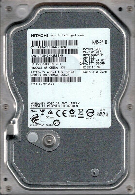 Hard disk Hitachi SATA 500GB usato, etichetta tecnica visibile, Messoanuovo.it