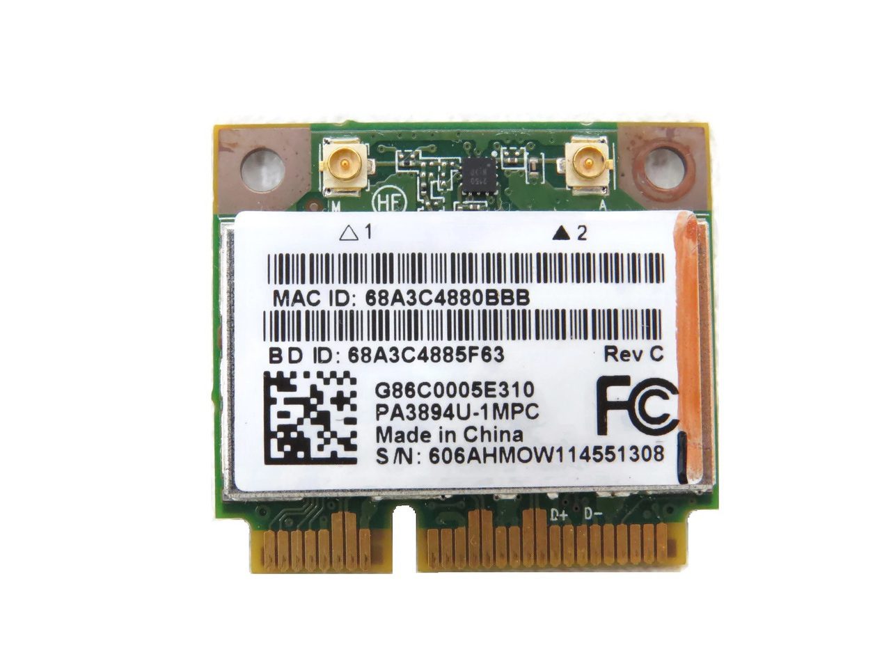 Scheda Wi-Fi mini PCI per notebook e pc ricondizionati, vista dall’alto su fondo bianco