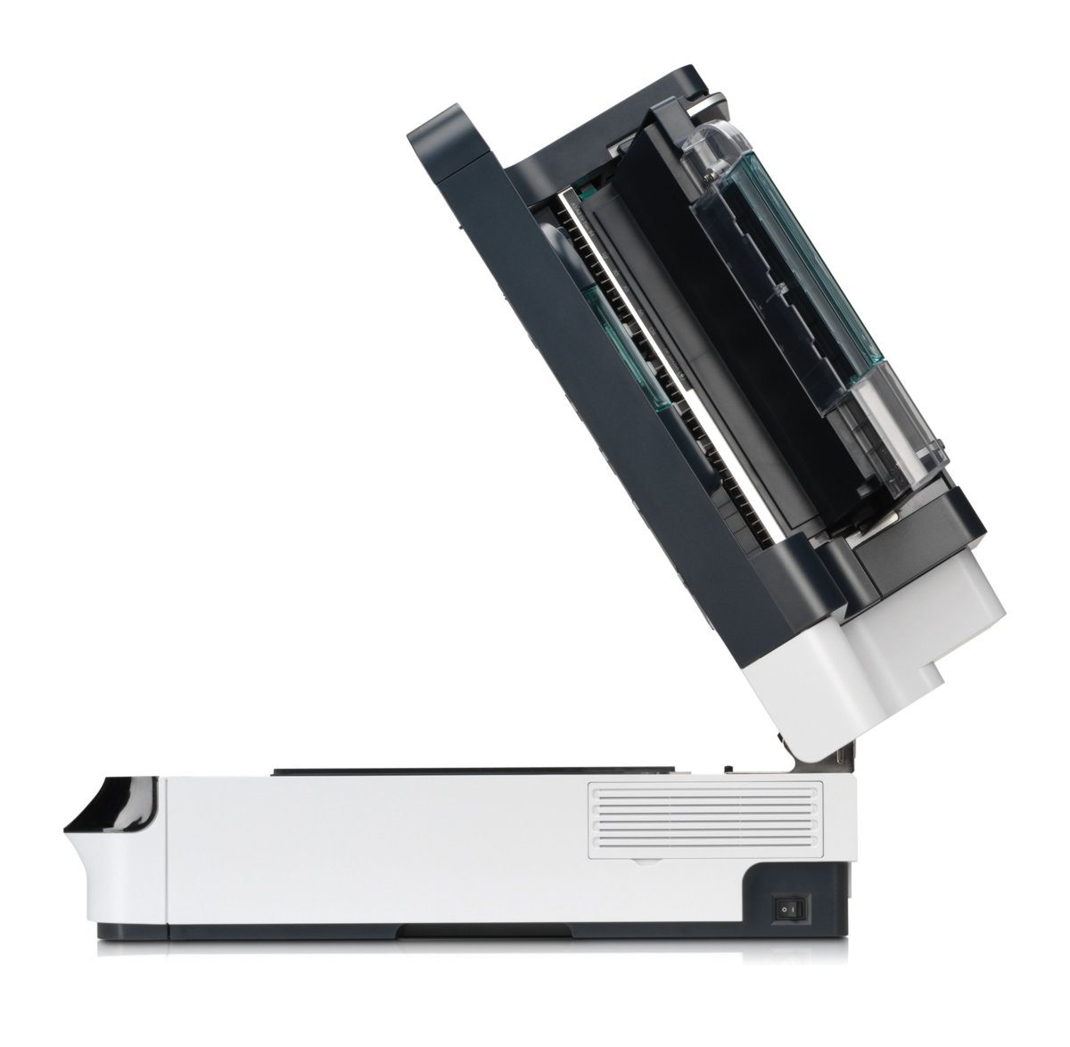 Stampante multifunzione laser bianca e nera con coperchio aperto, Messoanuovo.it