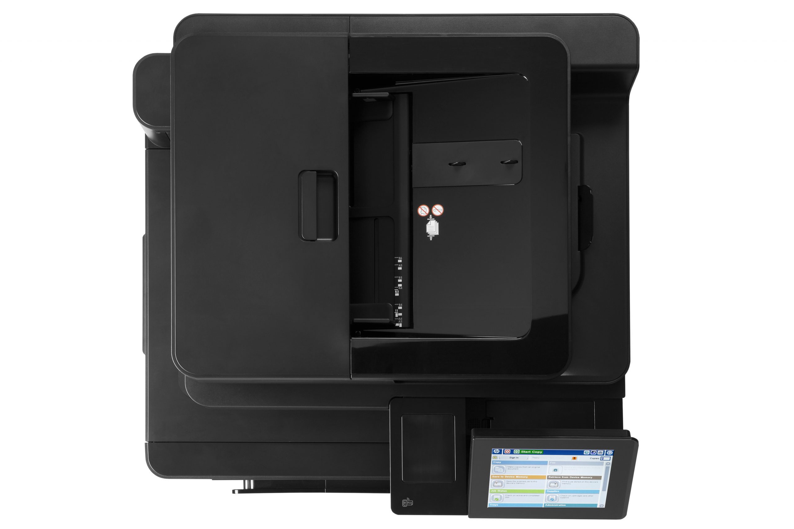 Stampante laser multifunzione nera con touchscreen, vista dall'alto, Messoanuovo.it