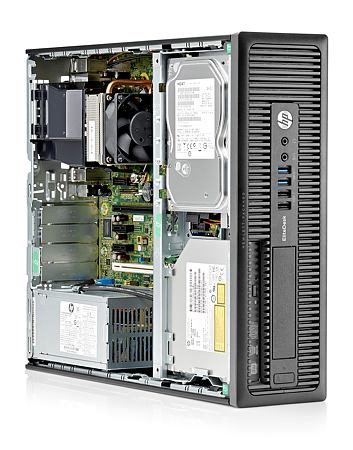 PC desktop HP ricondizionato con pannello laterale aperto, componenti hardware visibili