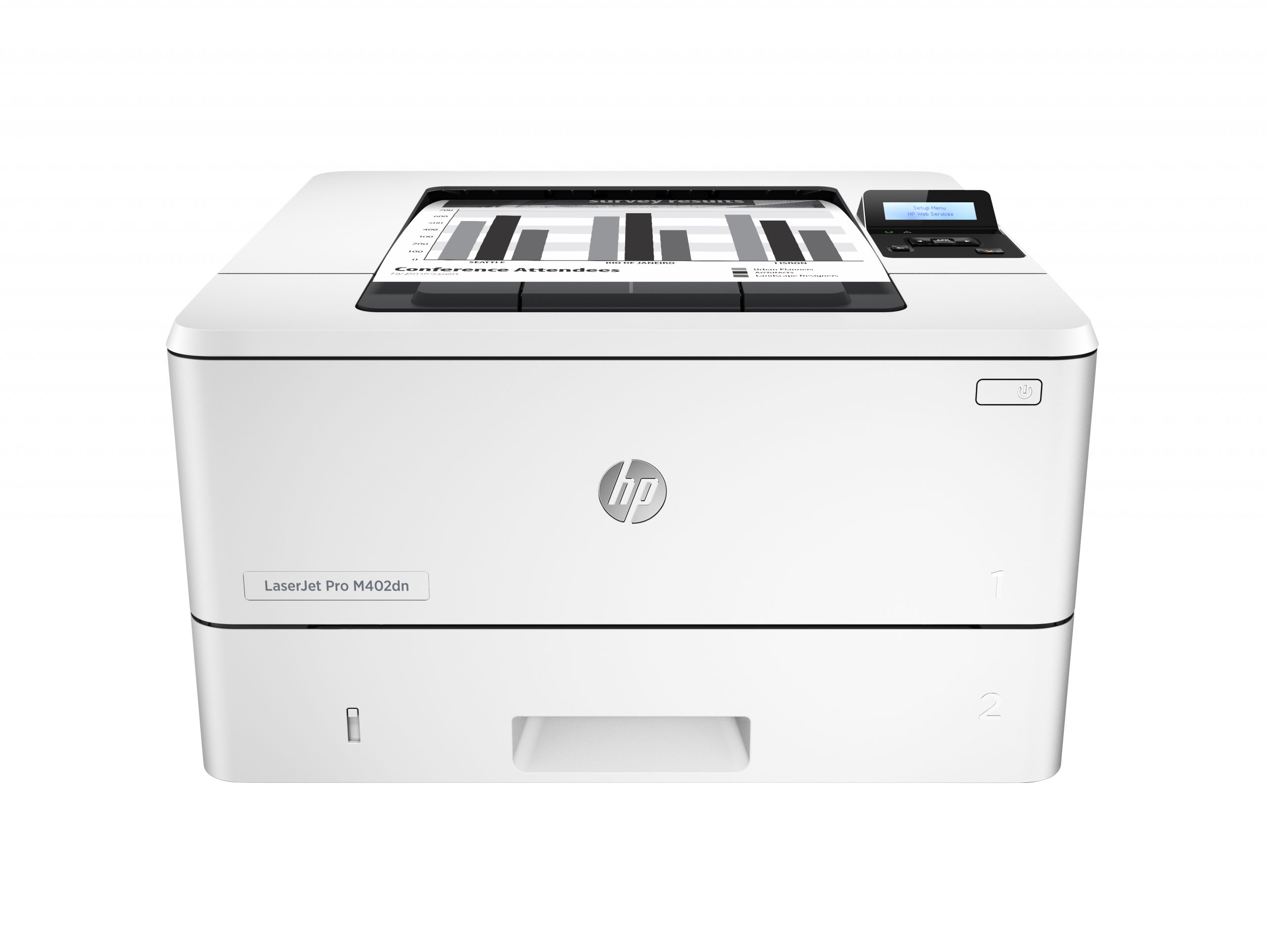 Stampante laser HP LaserJet Pro M402dn bianca in primo piano, ideale per ufficio Messoanuovo.it