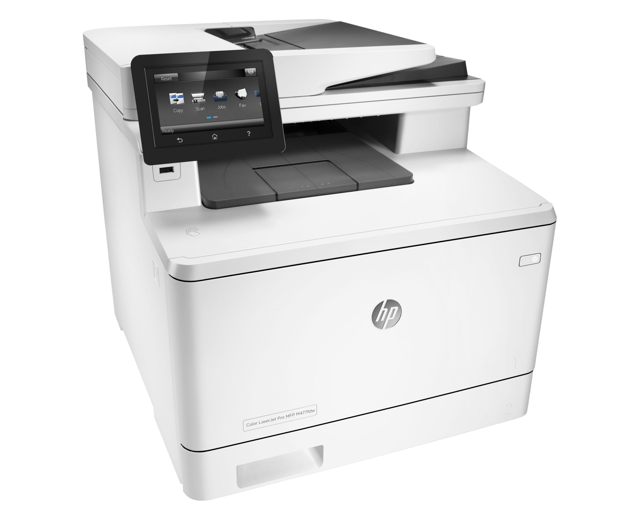 Stampante multifunzione laser HP bianca con touchscreen, vista laterale, Messoanuovo.it