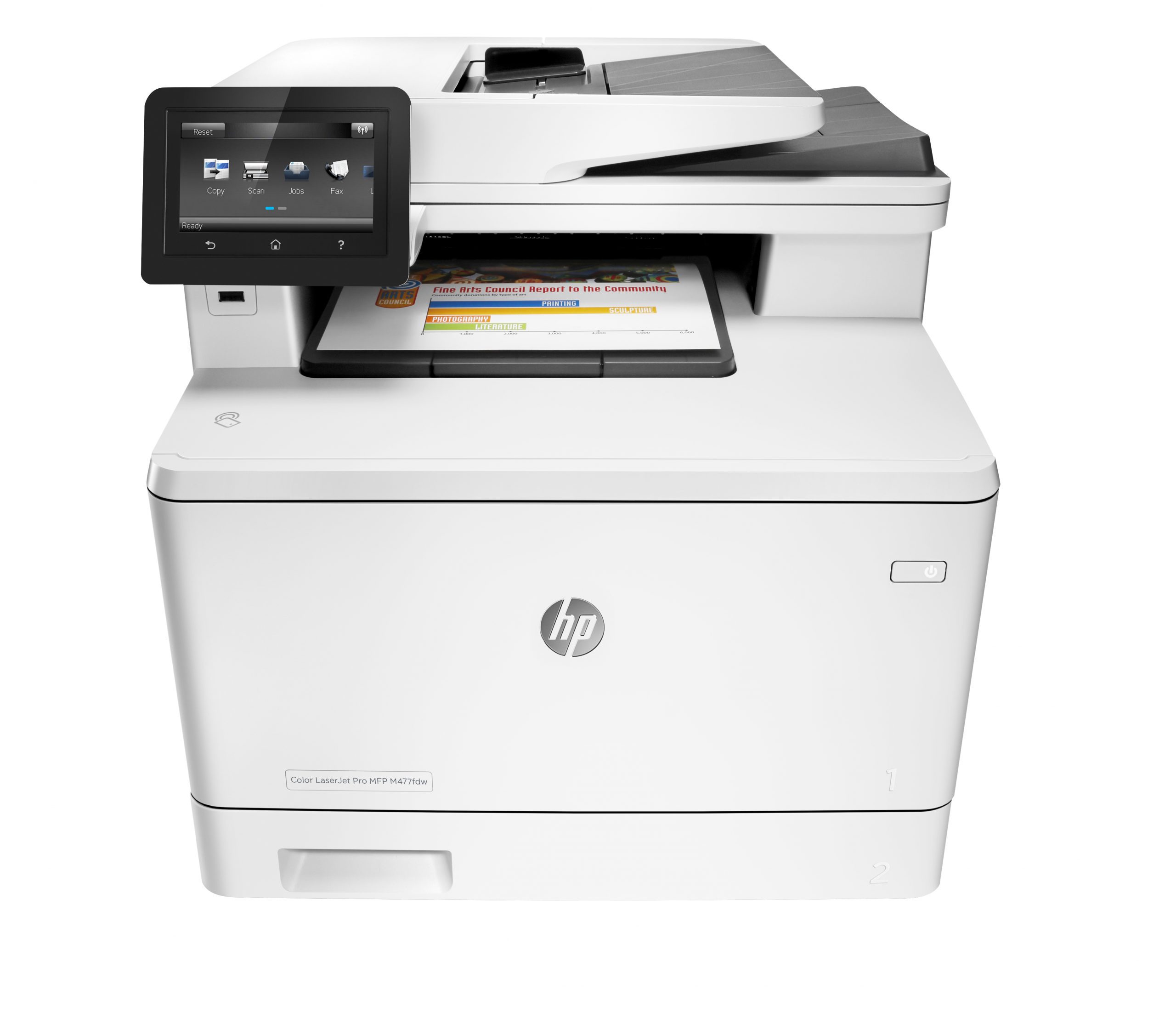 Stampante multifunzione HP LaserJet Pro bianca con display touchscreen, vista frontale
