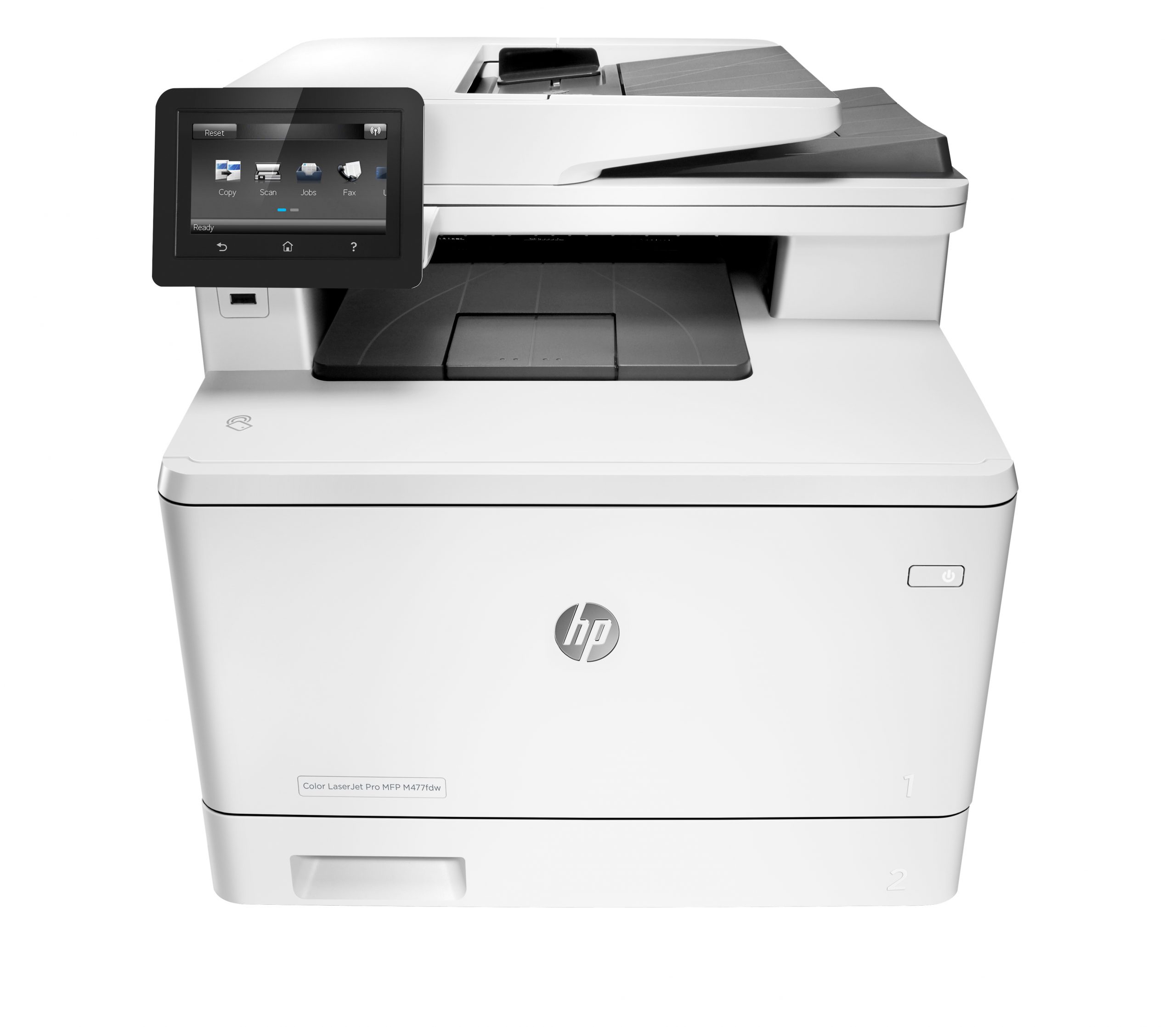 Stampante multifunzione laser HP bianca con schermo touchscreen, vista frontale