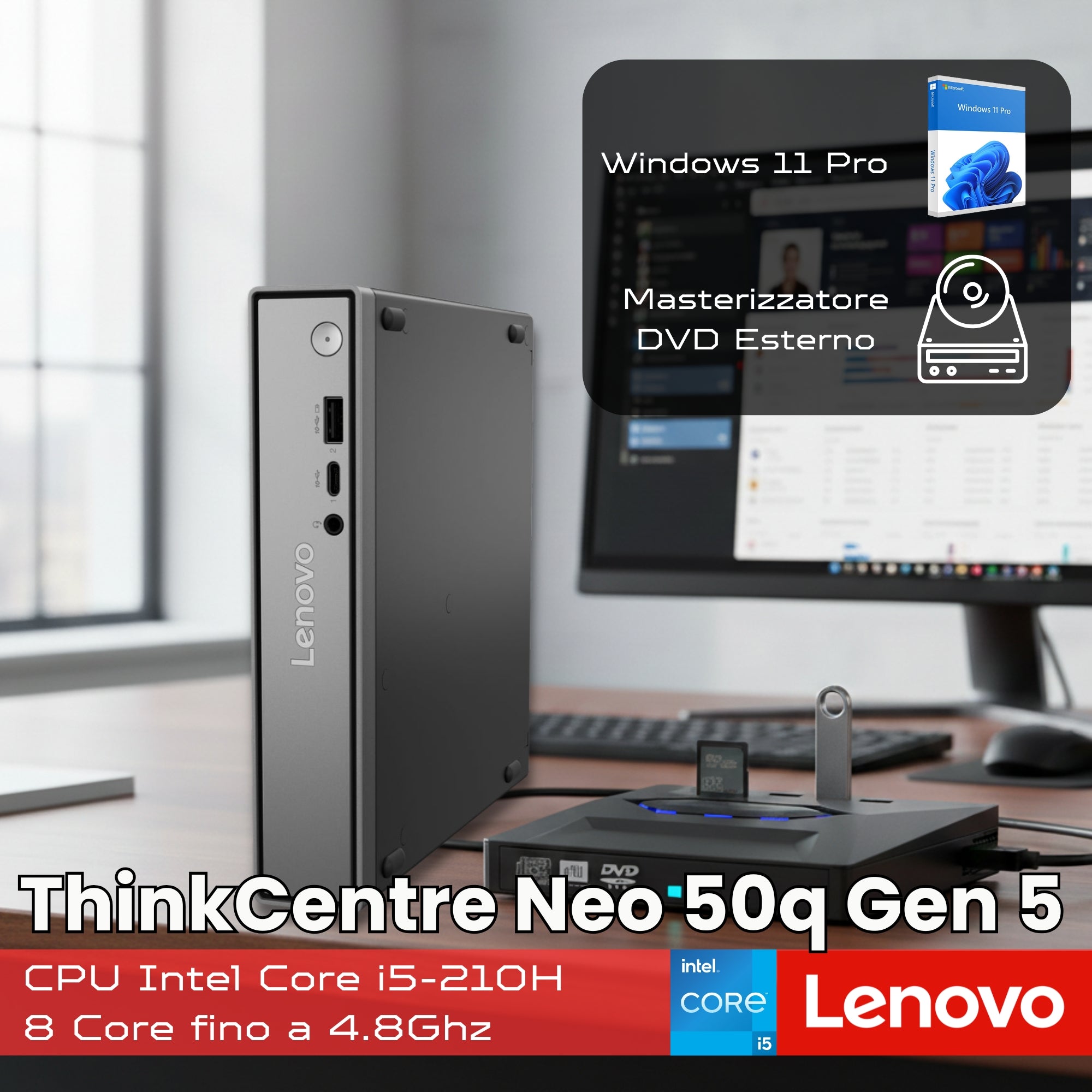 Lenovo ThinkCentre Neo 50q Gen 5 desktop PC with Intel Core i5, Windows 11 Pro, external DVD, front USB ports, and modern office setup on Messoanuovo.it