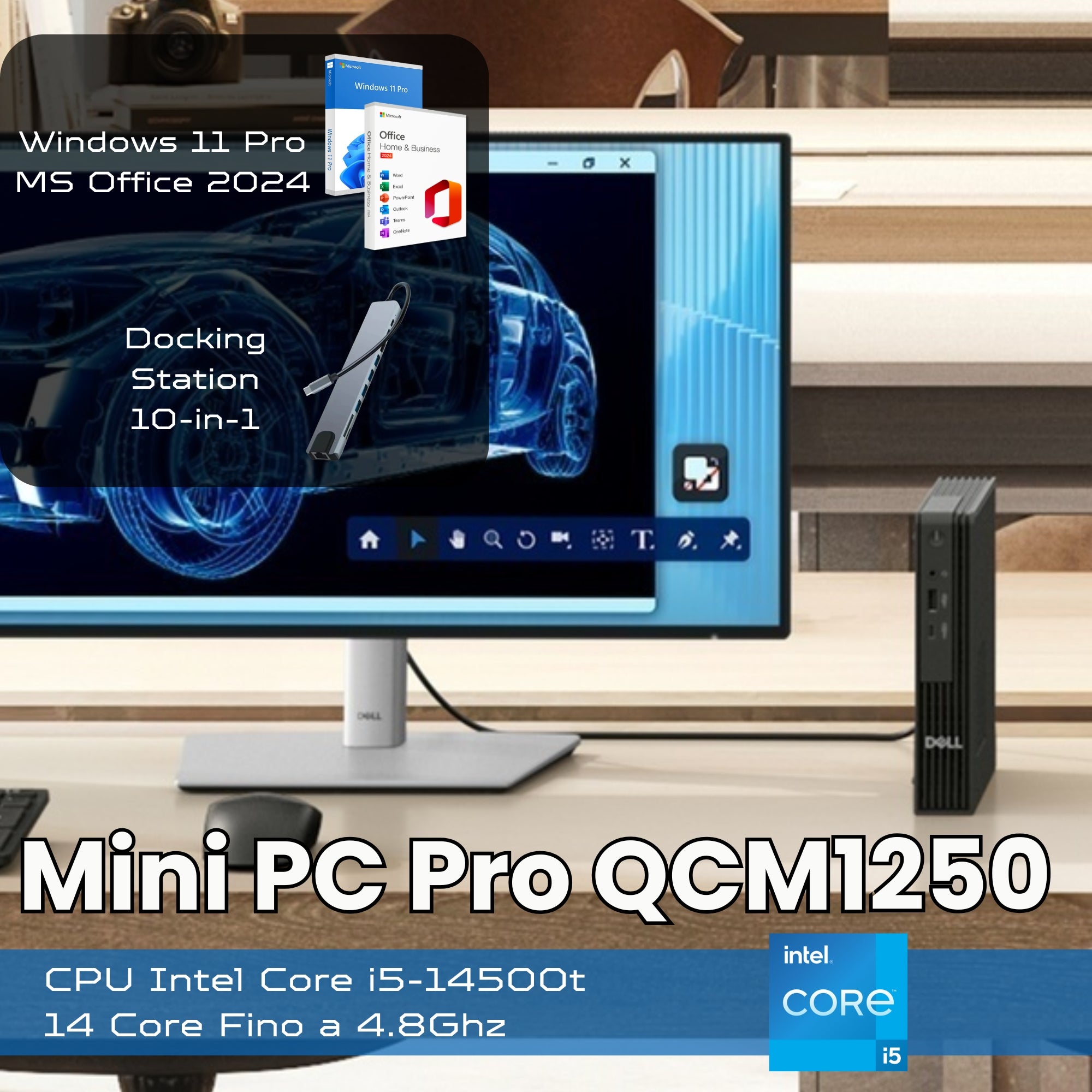 Mini PC Dell Pro QCM1250 con CPU i5-14500T e Docking Station 10-in-1, ideale per ambienti professionali moderni