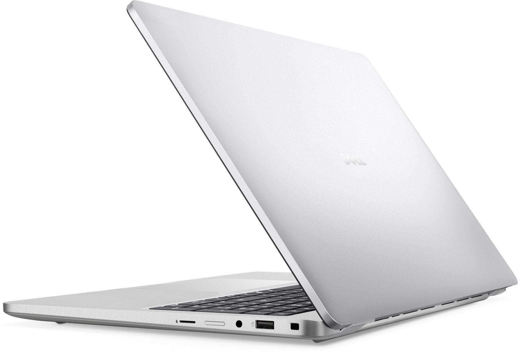 Retro del notebook Dell Pro 16 in finitura argento, con logo Dell e design elegante per uso professionale e personale.