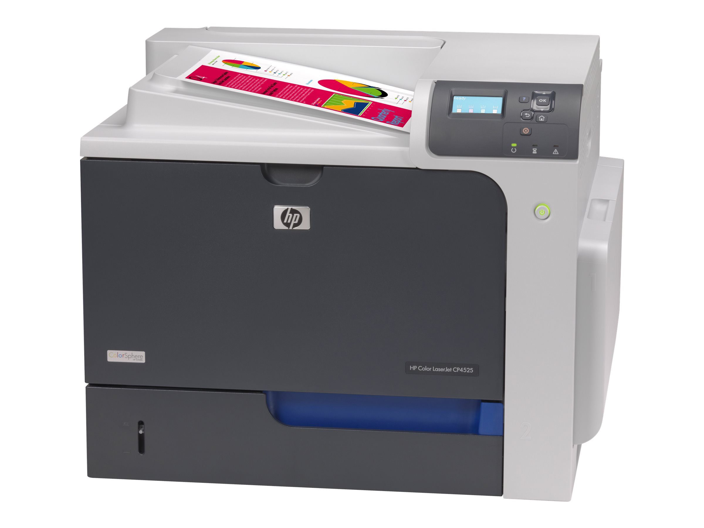 Stampante laser HP Color LaserJet CP4525 per ufficio, stampa a colori, vista frontale