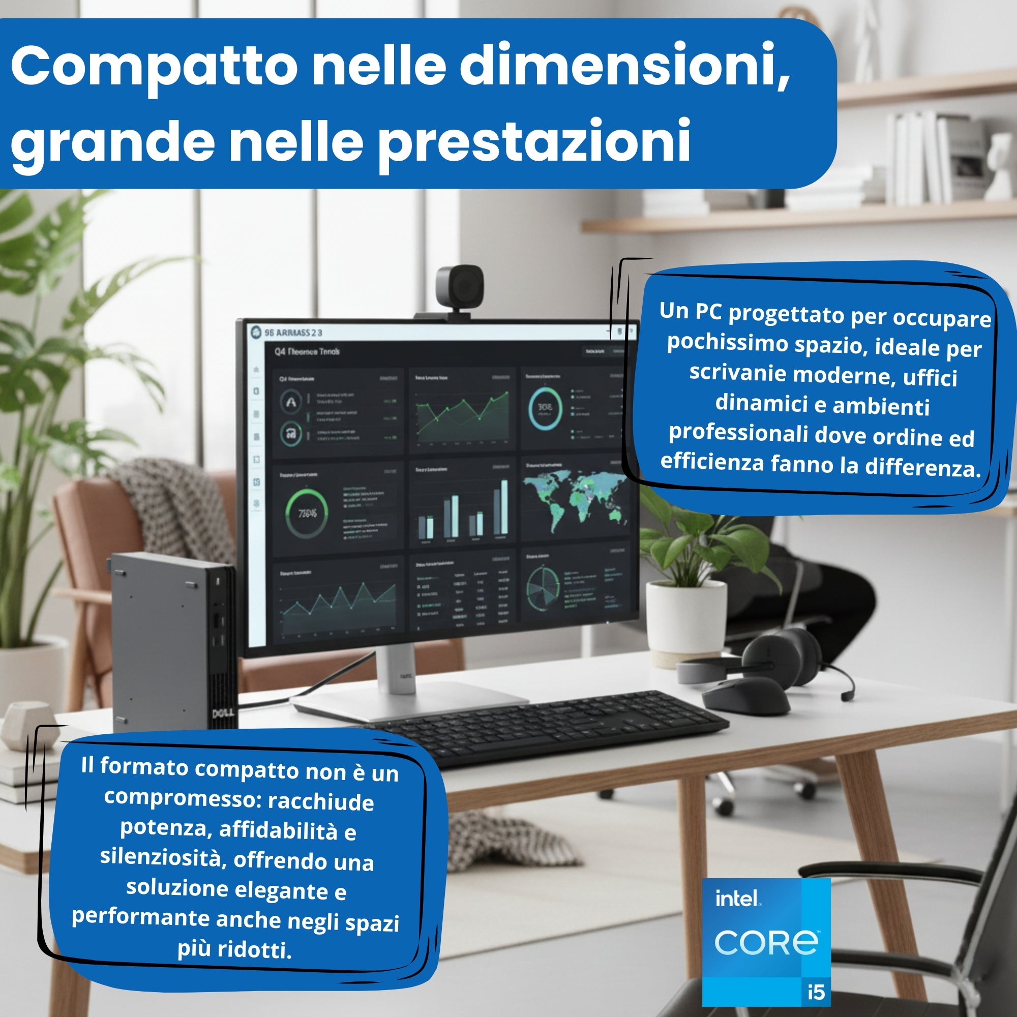 Mini PC Dell Pro QCM1250 compatto e potente, perfetto per scrivanie moderne e ambienti professionali dinamici