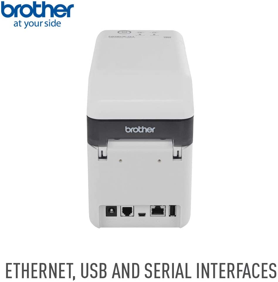 Stampante Brother bianca con interfacce Ethernet, USB e seriale, vista posteriore, Messoanuovo.it