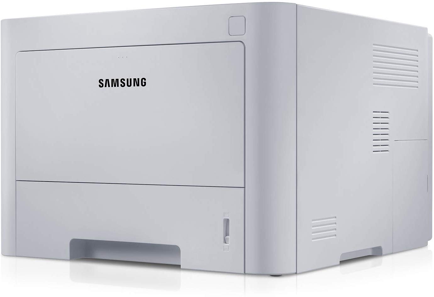 Stampante laser Samsung bianca vista laterale, ideale per ufficio, offerta Messoanuovo.it