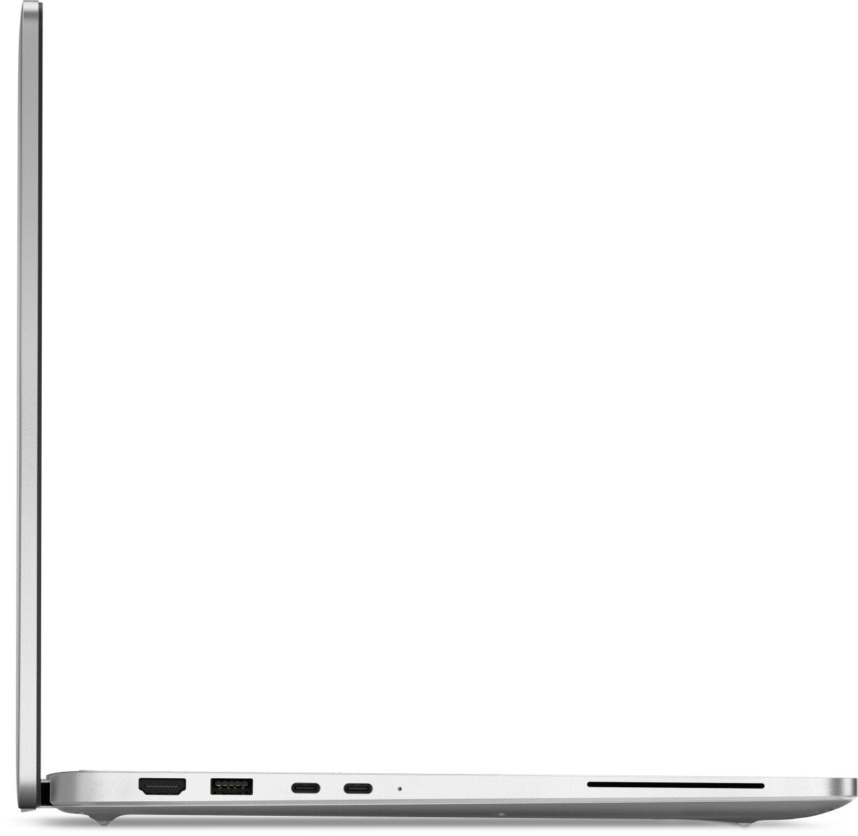 Profilo destro del Dell Pro 16 con porte USB-C e HDMI, supporta periferiche moderne e trasferimenti rapidi.