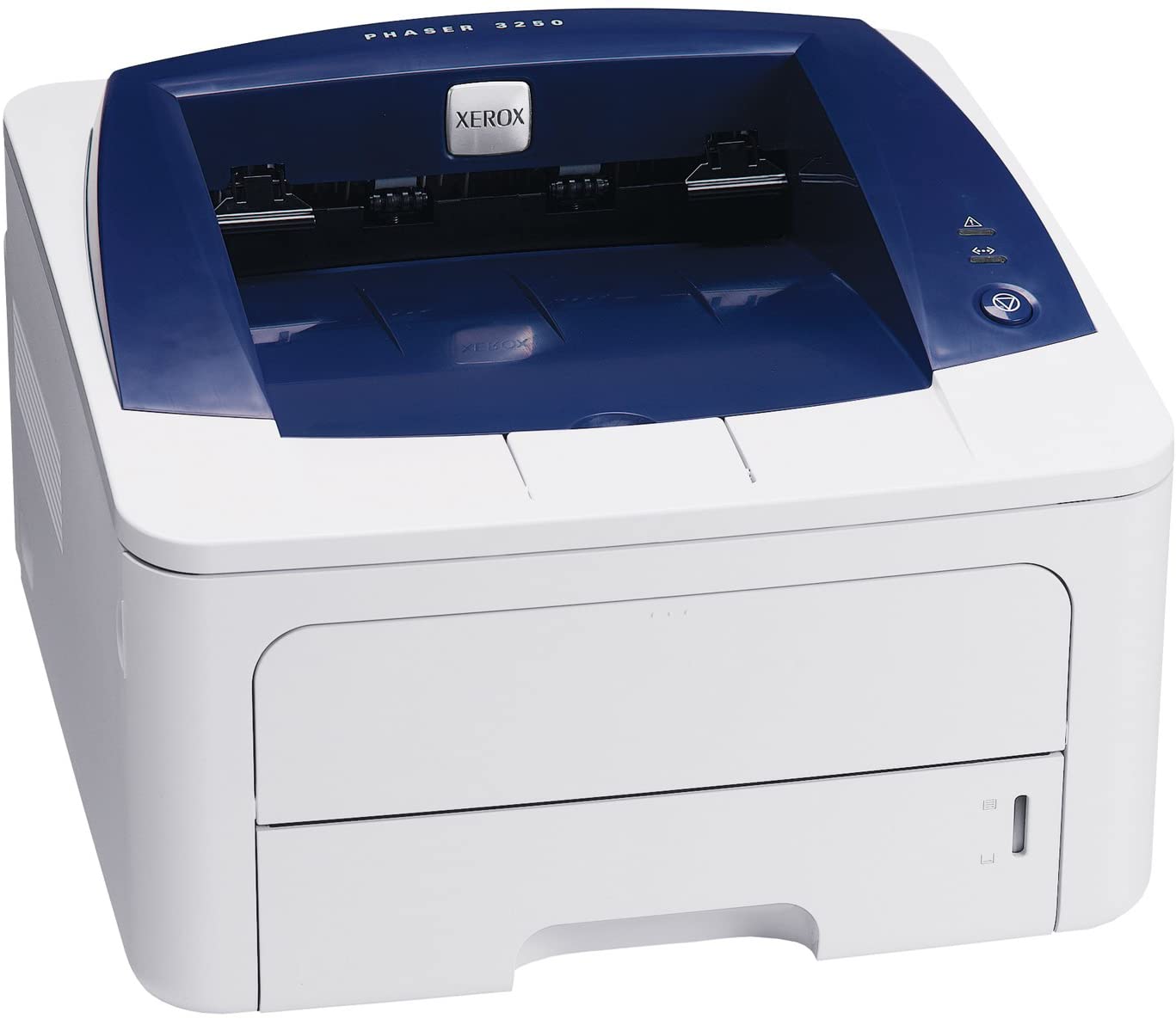 Stampante laser Xerox Phaser 3250 bianca e blu, vista frontale, Messoanuovo.it