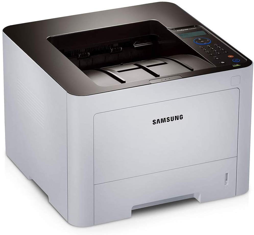 Stampante laser Samsung bianca usata, vista da sopra, in vendita su Messoanuovo.it