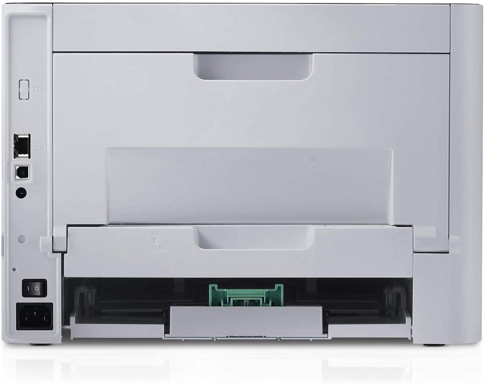 Stampante laser multifunzione bianca vista posteriore, ideale per ufficio o casa, Messoanuovo.it