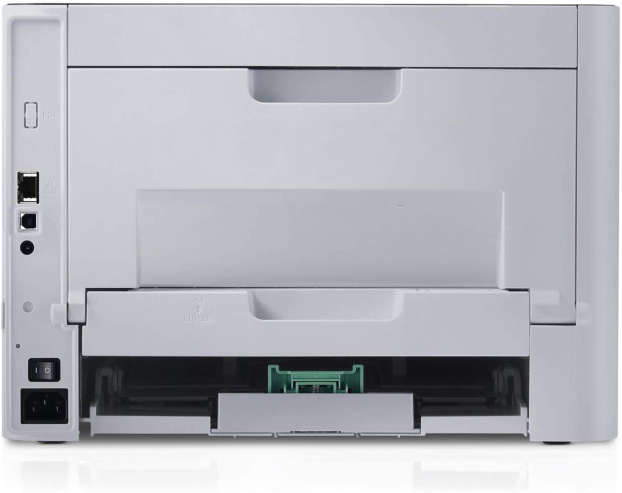 Stampante laser multifunzione bianca vista posteriore, connettori e vassoio carta visibili