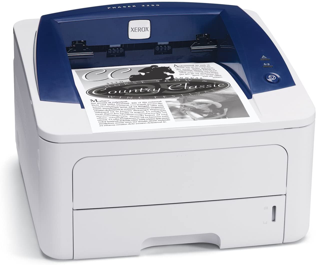 Stampante laser Xerox Phaser 3250, bianca e blu, in stampa, su Messoanuovo.it
