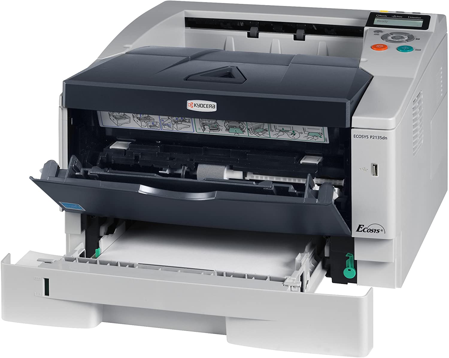 Stampante laser Kyocera ECOSYS P2135dn con cassetto carta aperto su Messoanuovo.it