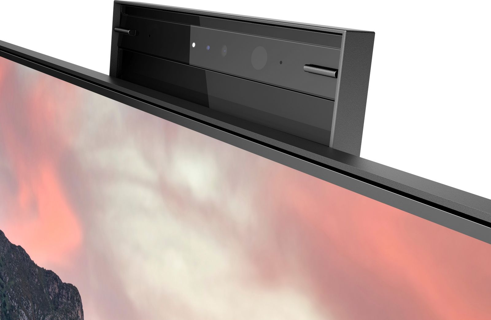 Dettaglio webcam pop-up del monitor HP E27m G4 27 pollici incluso nel bundle HP EliteDesk Mini, con risoluzione QHD e connessione USB-C.