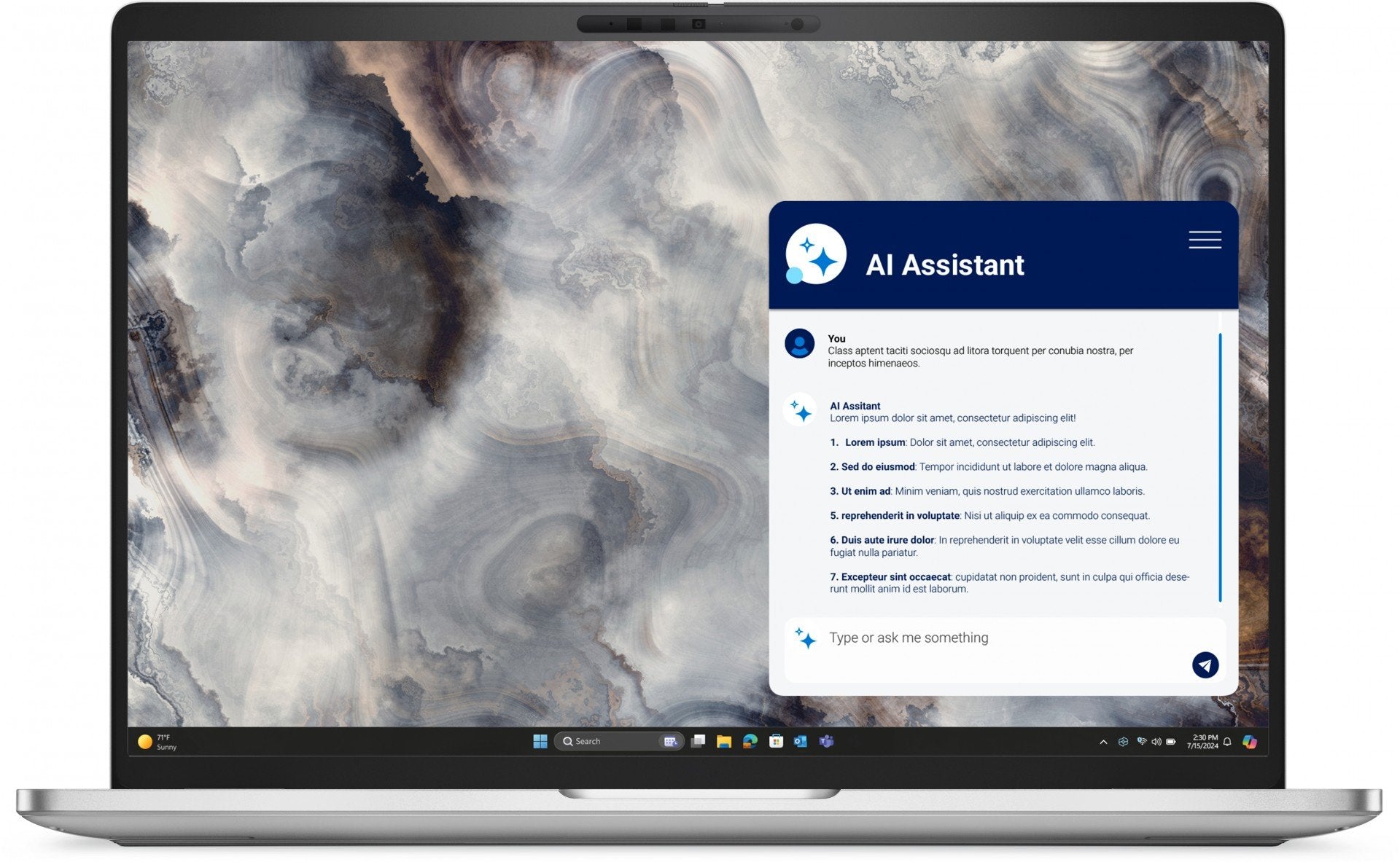 Schermo del Dell Pro 16 con assistente AI attivo, perfetto per attività complesse grazie al processore Intel Core Ultra 7.
