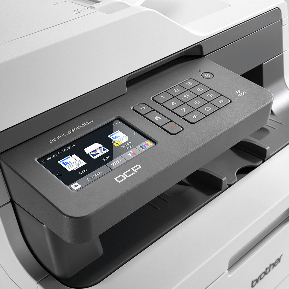 Dettaglio del pannello comandi touchscreen della Brother DCP-L3550CDW multifunzione laser ricondizionata, con funzioni copia, scansione e Wi-Fi.