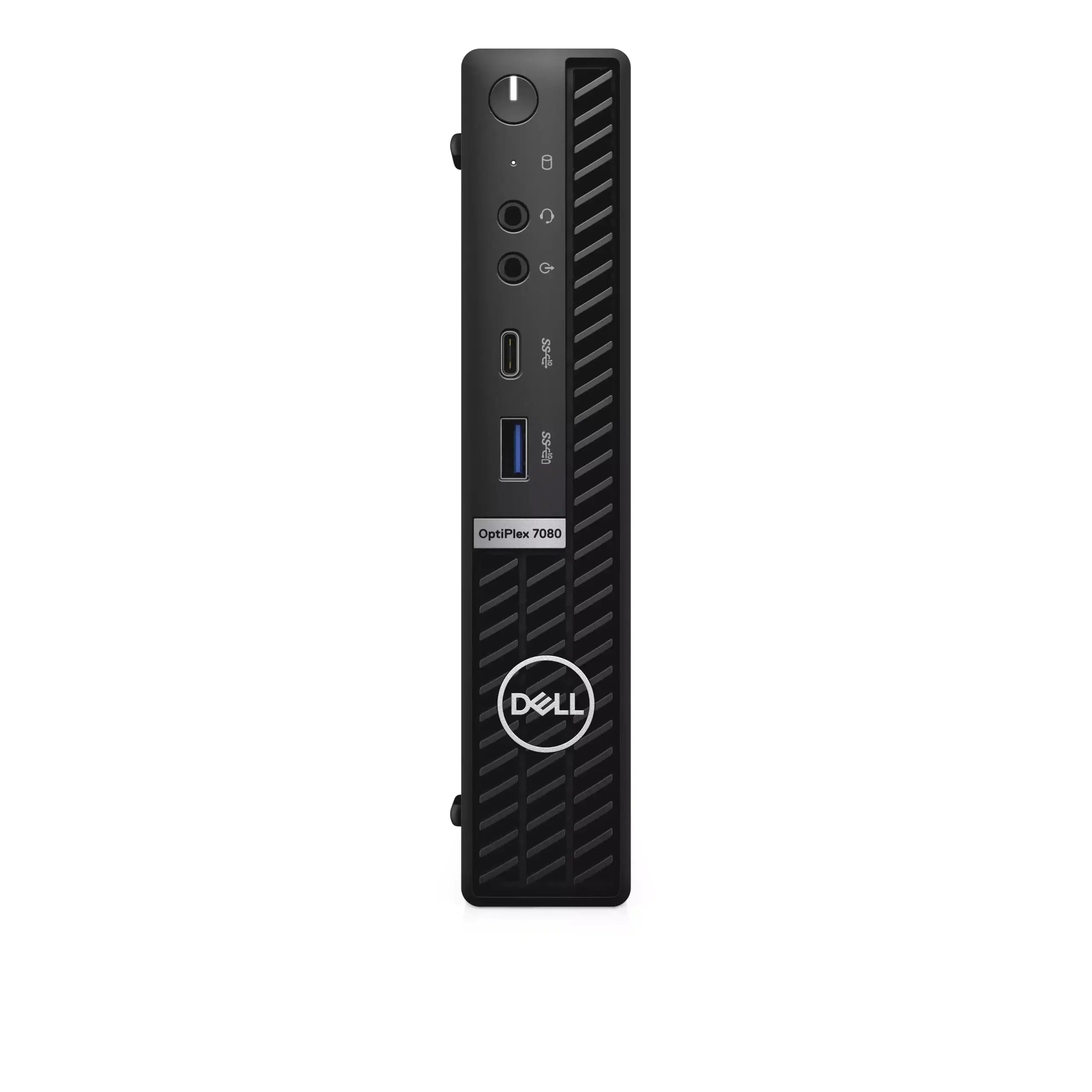 Vista frontale del Dell Optiplex 7080 MFF con logo Dell, porte USB, jack audio e pulsante di accensione, ideale per spazi ridotti