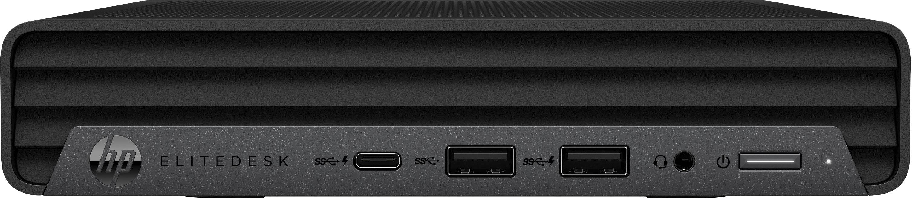 Vista frontale del Mini PC HP EliteDesk 800 G6 con Intel Core i5-10500T, dotato di porte USB e audio per massima connettività.