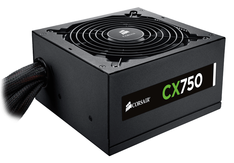 Alimentatore PC gaming Corsair CX750 nero, ventola superiore, vista laterale, Messoanuovo.it