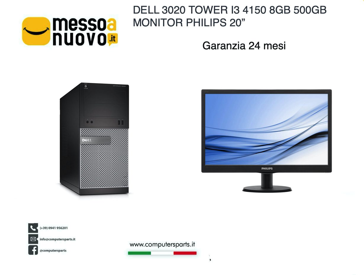 PC desktop Dell 3020 Tower ricondizionato con monitor Philips 20 pollici, 8GB RAM, 500GB, su Messoanuovo.it