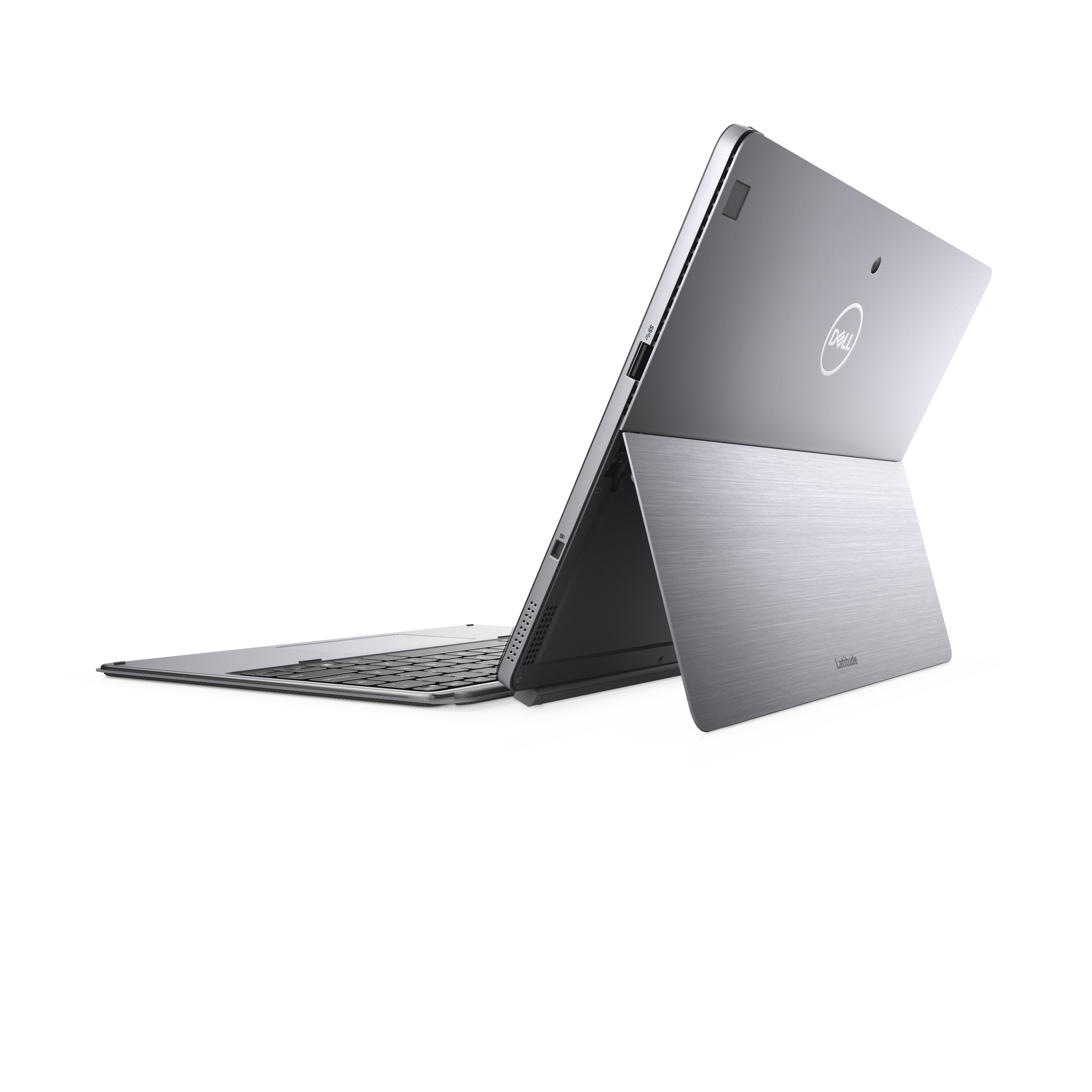 Vista posteriore laterale del DELL Latitude 7200 con tastiera collegata, mostra porte laterali e supporto regolabile.