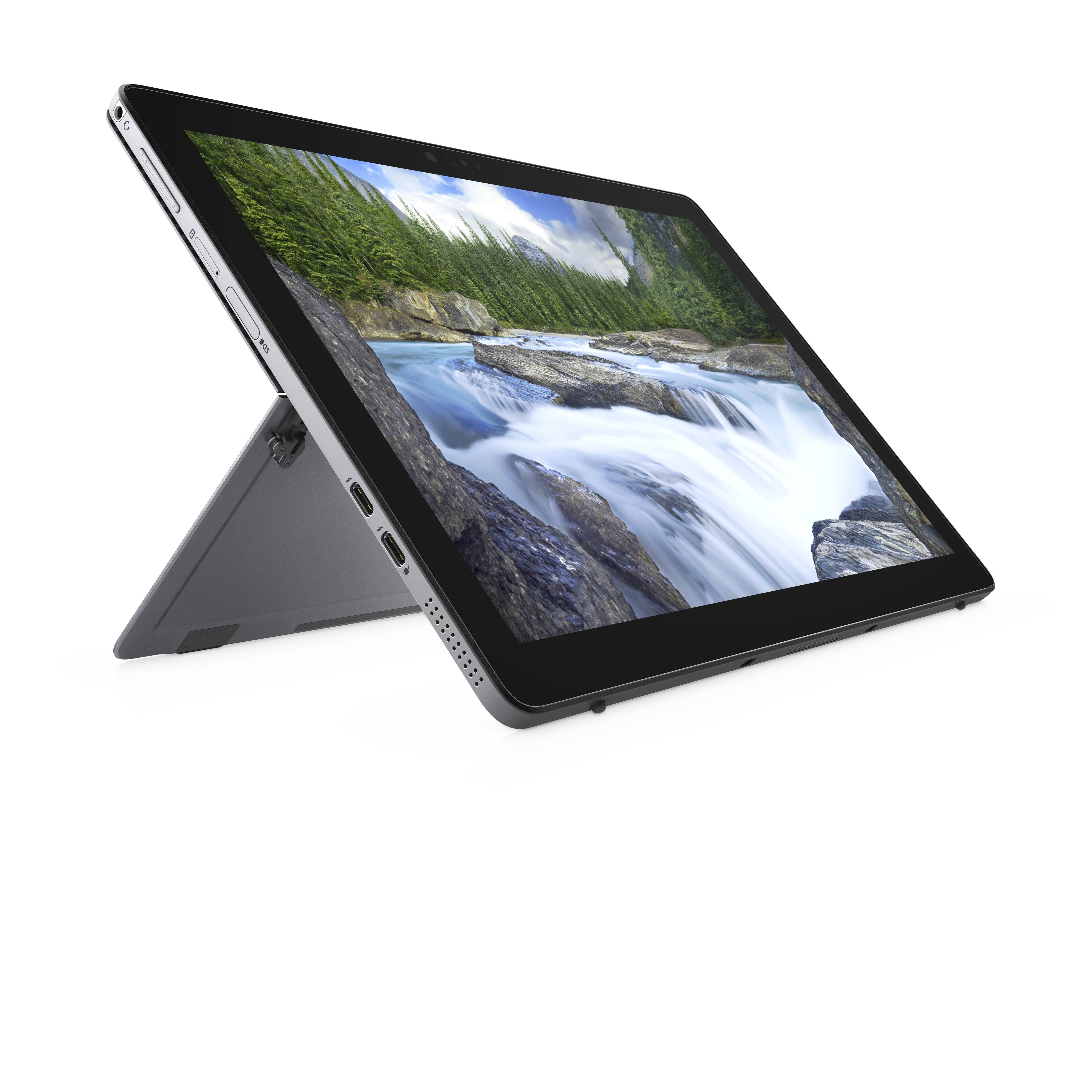 DELL Latitude 7200 in modalità stand con supporto posteriore, ideale per videoconferenze e presentazioni.