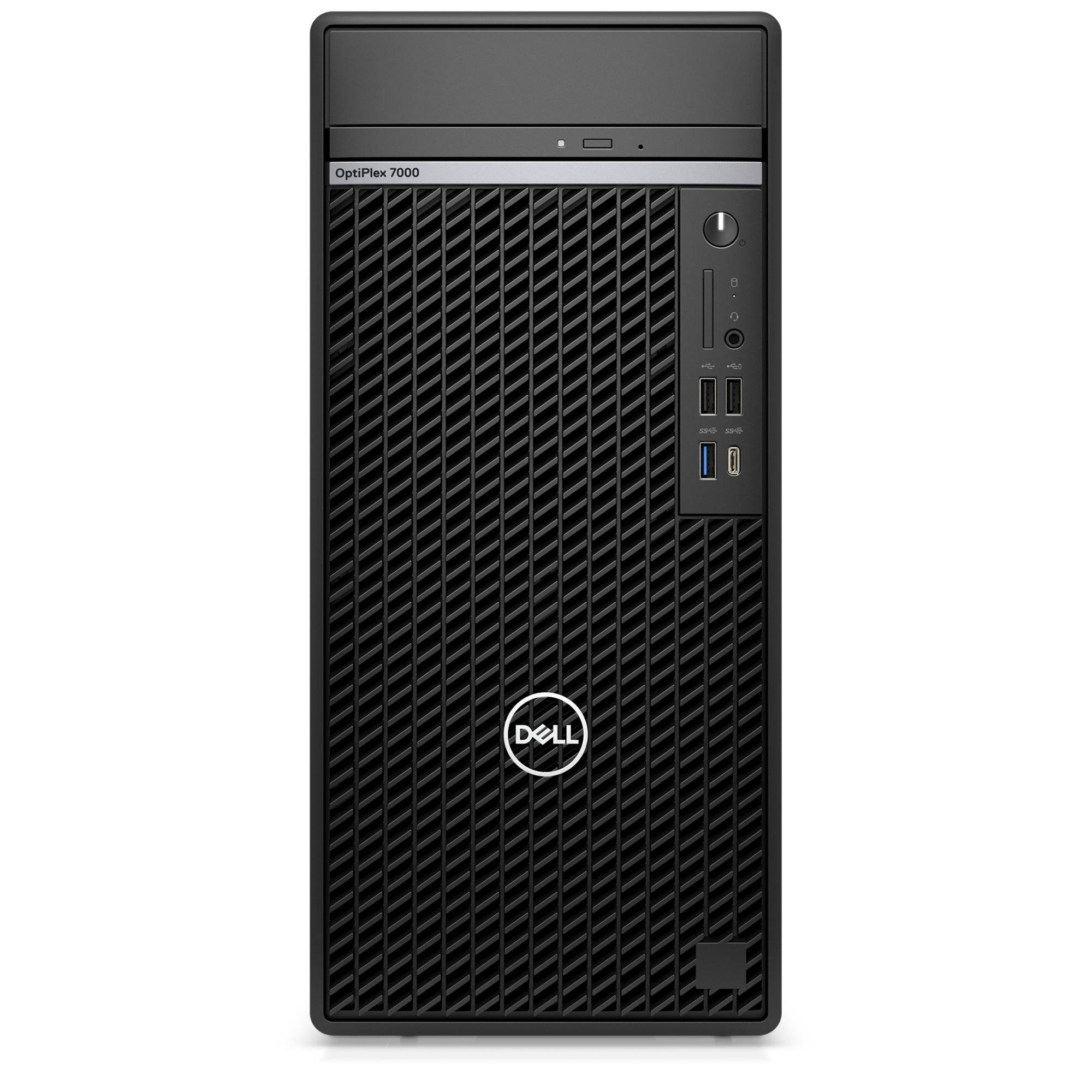 Vista frontale del DELL Optiplex 7000 Tower ricondizionato, dotato di porte USB multiple e design elegante per un'ottima efficienza lavorativa.