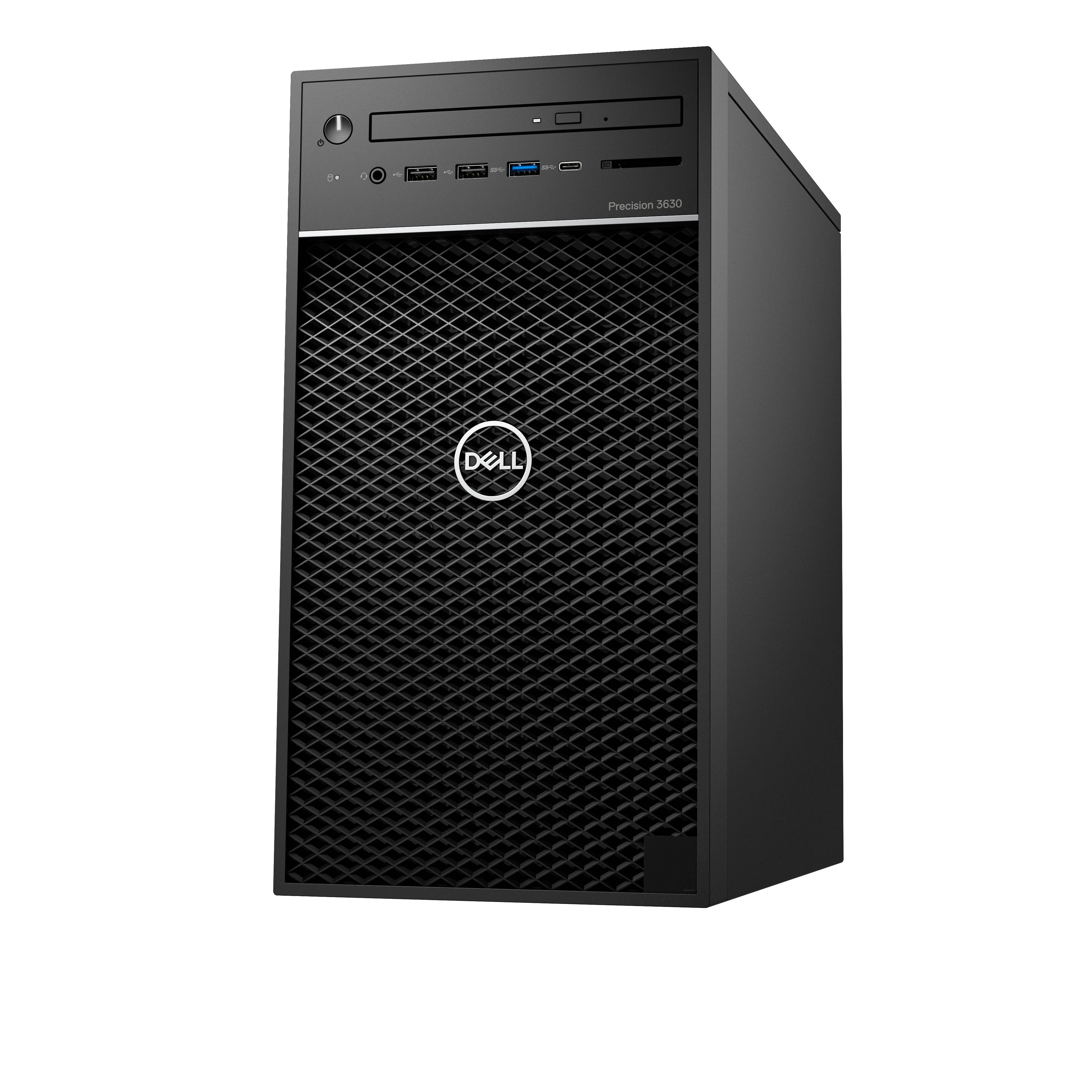 Vista frontale della workstation DELL Precision 3630 con design compatto e porte USB accessibili, perfetta per ambienti professionali.