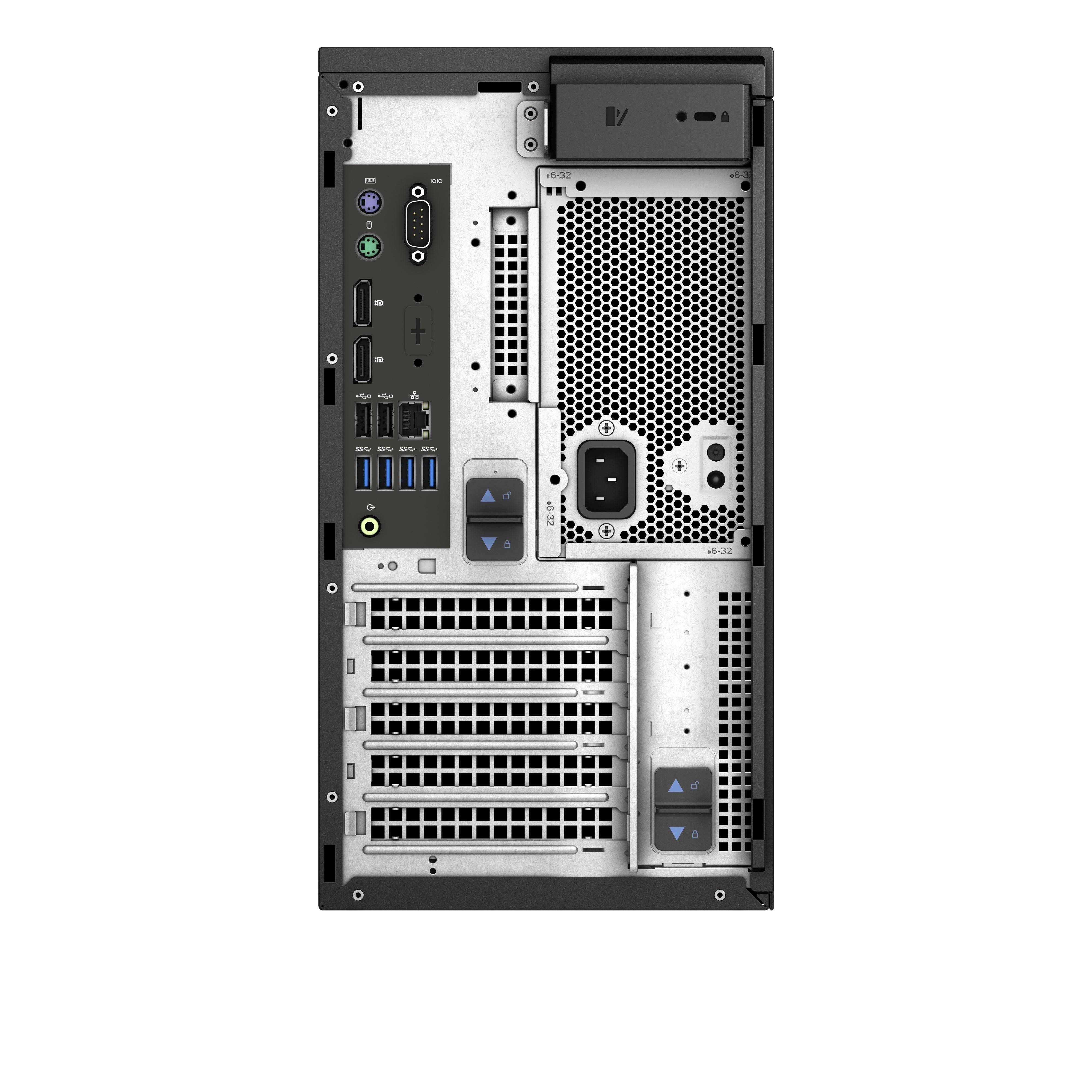 Retro della DELL Precision 3630 con porte multiple per connettività estesa, ideale per configurazioni professionali e multitasking.