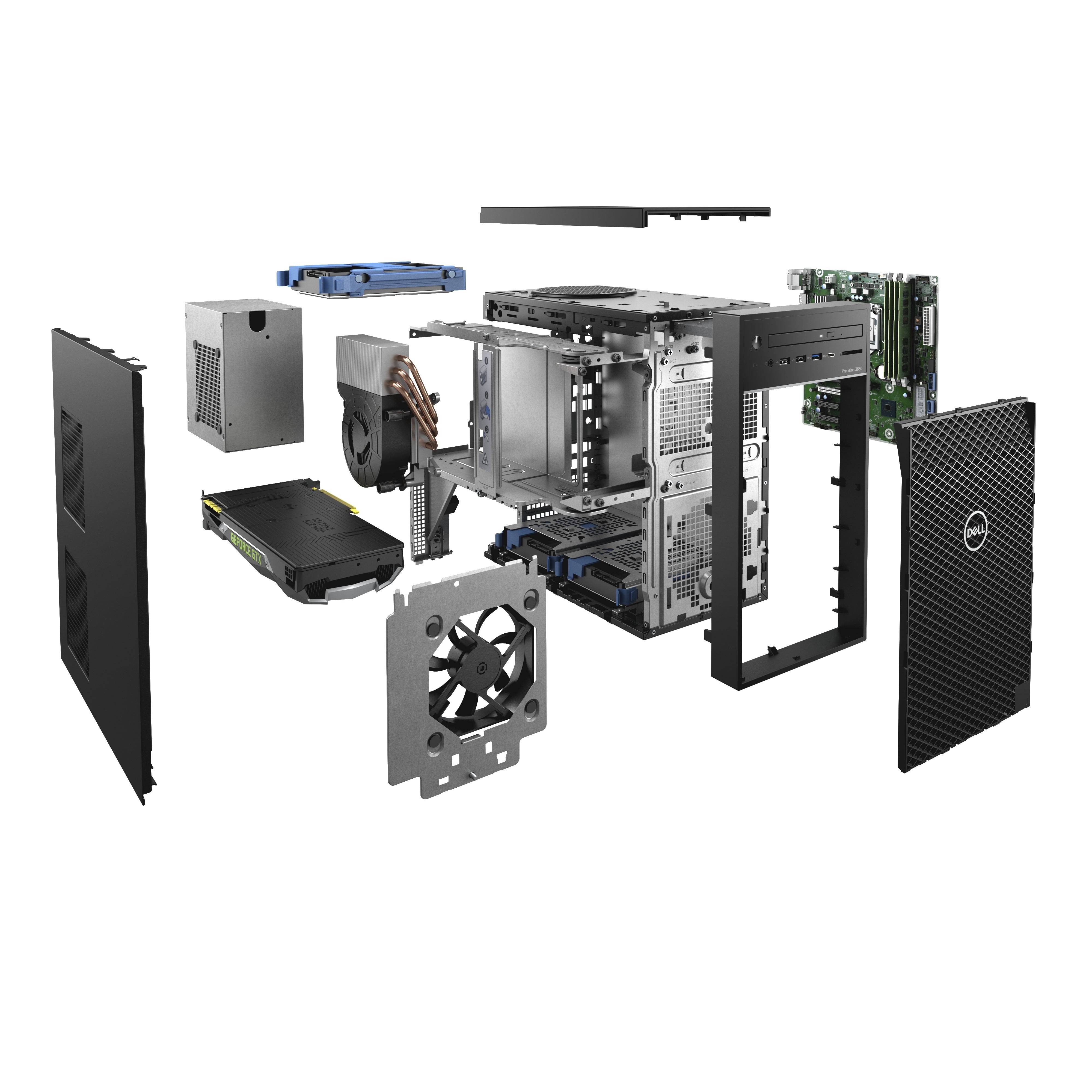 Vista esplosa della workstation DELL Precision 3630 che mostra componenti interni modulari, perfetta per upgrade e manutenzione.