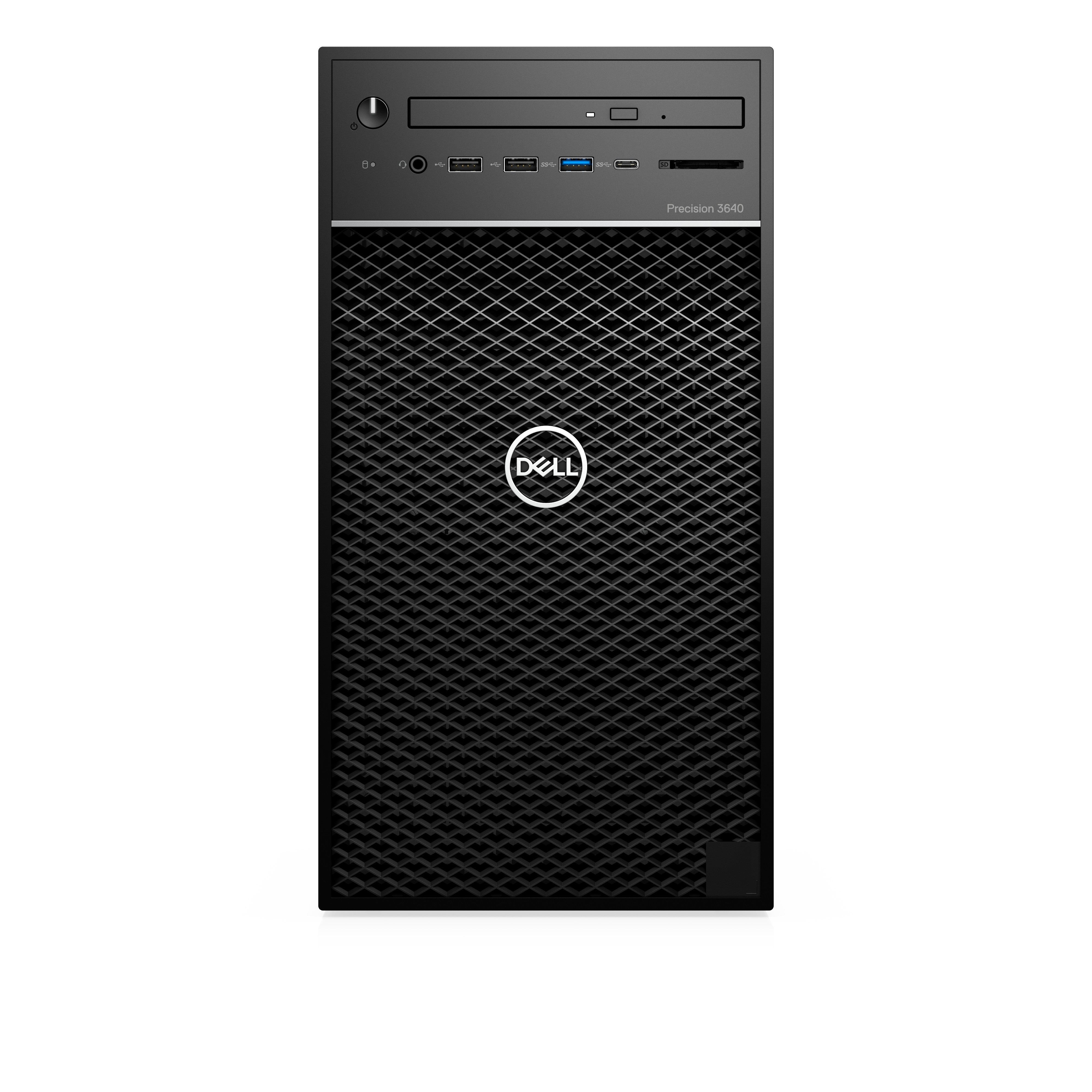 Vista frontale della workstation DELL Precision 3640, torre desktop potente con Intel Core i7-10700K e porte USB multiple per uso professionale.