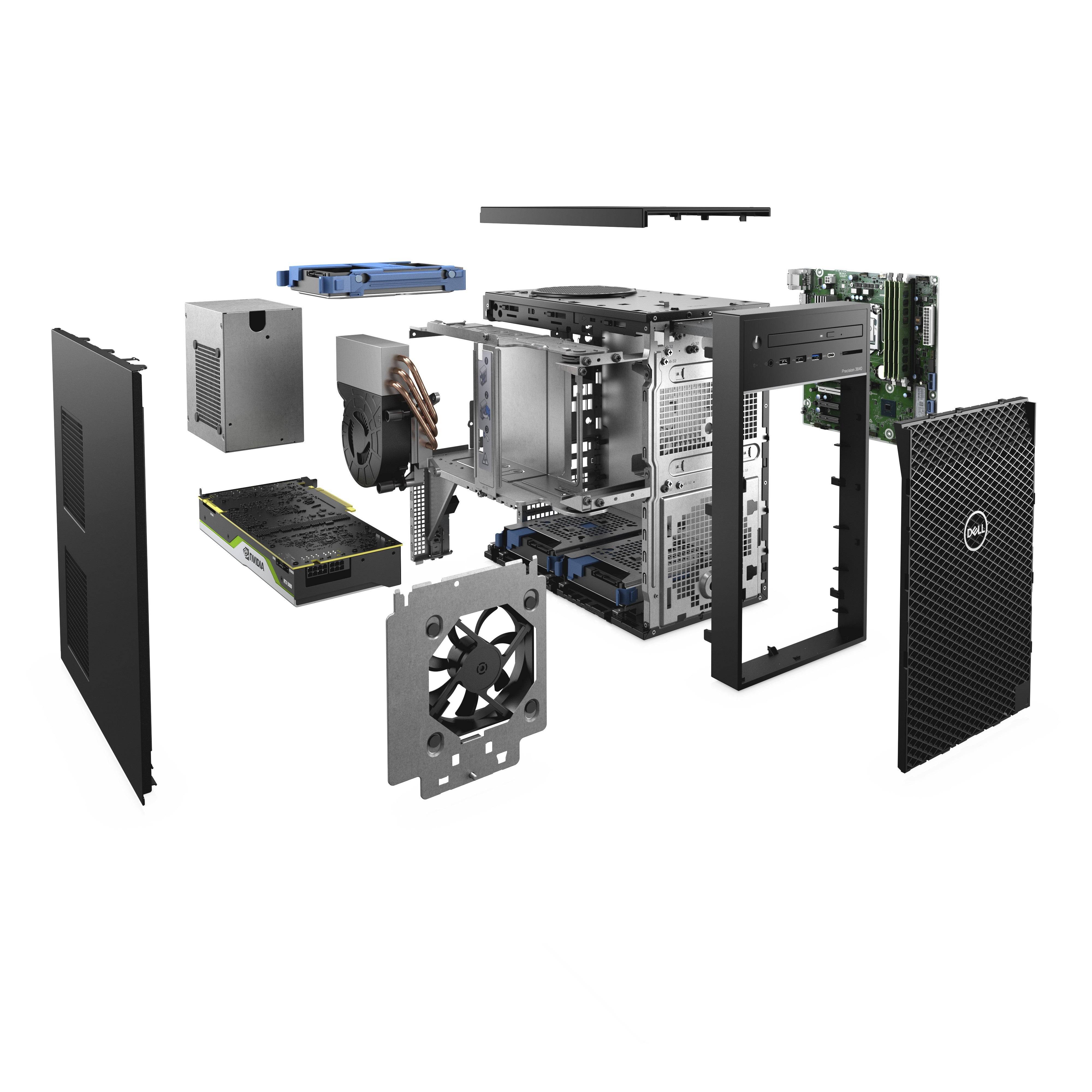Componenti interni esplosi della DELL Precision 3640, workstation modulare con scheda NVIDIA Quadro P2200 e raffreddamento ottimizzato.
