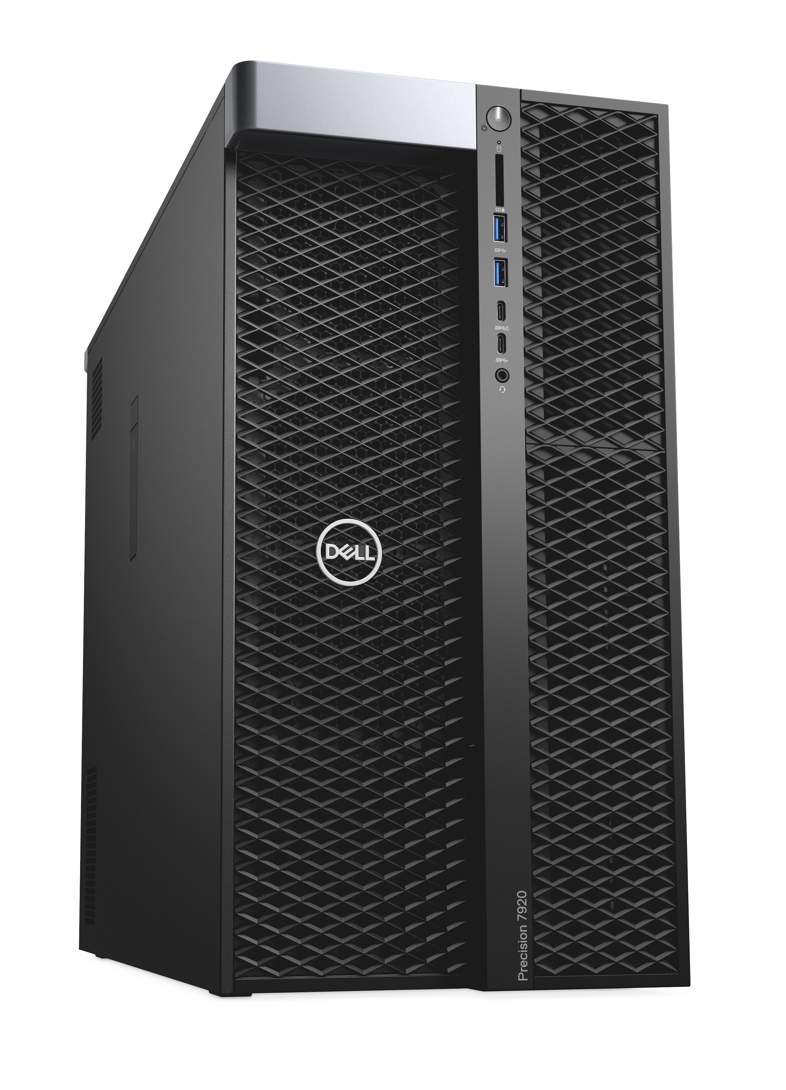 Workstation Dell Precision 7920 con design frontale a griglia, dotata di porte USB e audio, ottimizzata per applicazioni CAD e rendering.