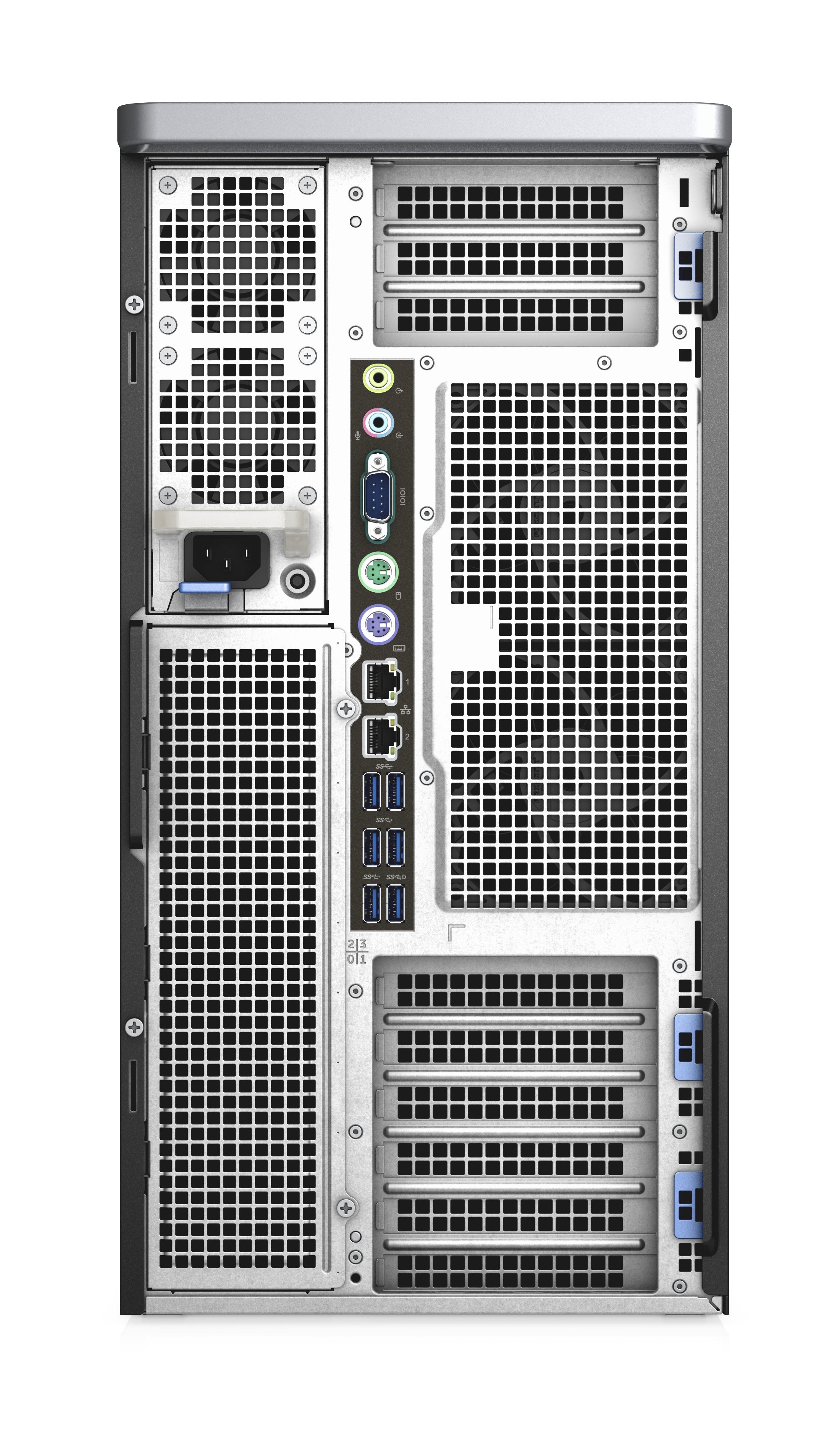 Retro della Dell Precision 7920 Tower con porte USB, Ethernet e VGA, progettata per espandibilità e connettività in ambito professionale.