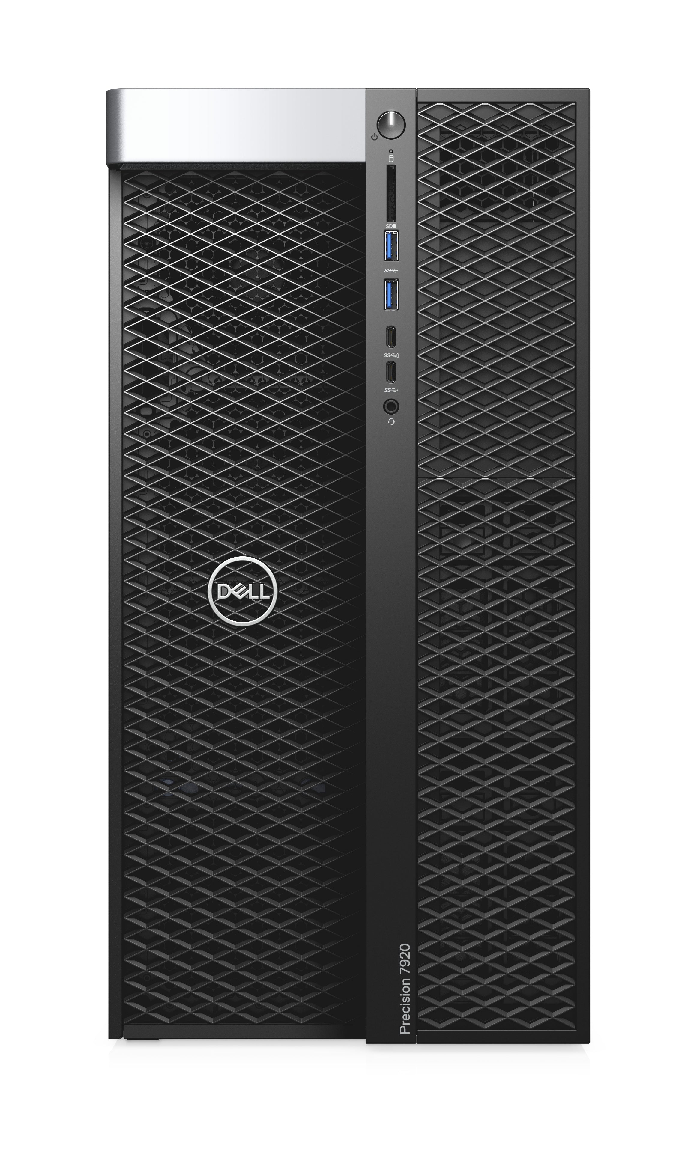 Vista frontale della workstation Dell Precision 7920 ricondizionata, con doppio Xeon e SSD 2TB, ideale per editing video e modellazione 3D.