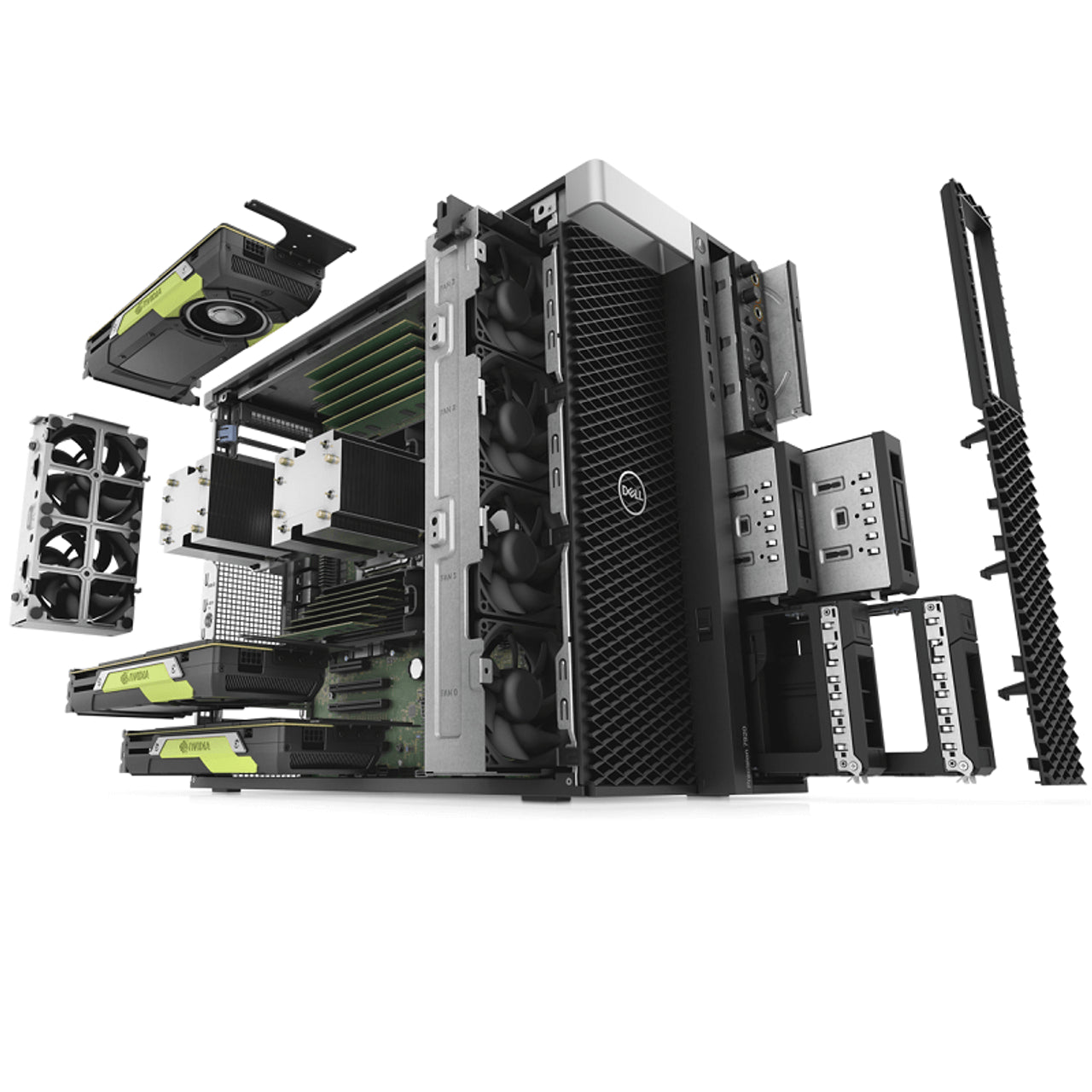 Vista esplosa della Dell Precision 7920 - Workstation Ricondizionata con doppio Xeon e GPU Quadro RTX 4000, mostra componenti interni modulari.